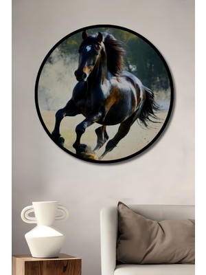 Çerçeve Görünümlü Coşkulu At Yağlı Boya Görünümlü Dekoratif Ahşap Ev/işyeri/ofis Yuvarlak Tablo