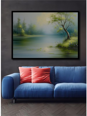 Çerçeve Görünümlü Huzurlu Göl Kenarı Yağlı Boya Görünümlü Dekoratif Ahşap Ev/işyeri/ofis Kare Tablo