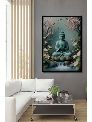Çerçeve Görünümlü Sakura Çiçekleri Arasında Buda Huzuru Yağlı Boya Görünümlü Ahşap Ofis Tablo