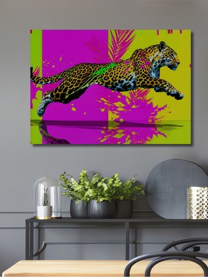 Neon Leopar Modern Sanat Yağlı Boya Görünümlü Dekoratif Ahşap Ev/işyeri/ofis Kare Tablo