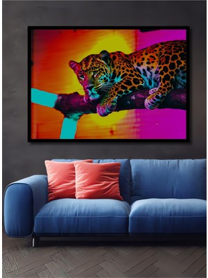 Çerçeve Görünümlü Neon Leopar Dinlenmesi Yağlı Boya Görünümlü Dekoratif Ahşap Ofis Kare Tablo