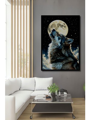 Çerçeve Görünümlü Dolunayda Uluyan Kurt Yağlı Boya Görünümlü Dekoratif Ahşap Işyeri/ofis Kare Tablo