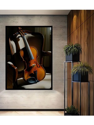Çerçeve Görünümlü Yağlı Boya Görünümlü Keman ve Klasik Sandalye Ofis Dekoratif Ahşap Kare Tablosu
