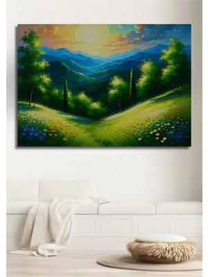 Yağlı Boya Görünümlü Yeşil Vadi Manzarası Dekoratif Ahşap Ev/işyeri/ofis Kare Tablo