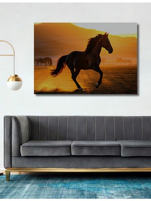 Altın Sarısı Koşan Atlar Yağlı Boya Görünümlü Dekoratif Ahşap Ev/işyeri/ofis Kare Tablo