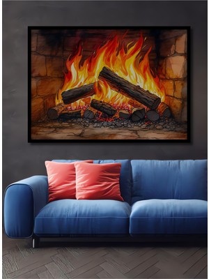 Çerçeve Görünümlü Sulu Boya Görünümlü Şömine Ateşi Dekoratif Ahşap Ev/işyeri/ofis Kare Tablo