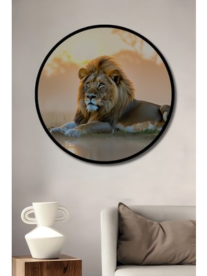 Çerçeve Görünümlü Güneşin Altında Aslan Yağlı Boya Görünümlü Dekoratif Ahşap Ofis Yuvarlak Tablo