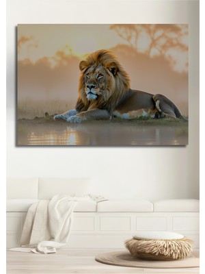 Güneşin Altında Aslan Yağlı Boya Görünümlü Dekoratif Ahşap Ev/işyeri/ofis Kare Tablo