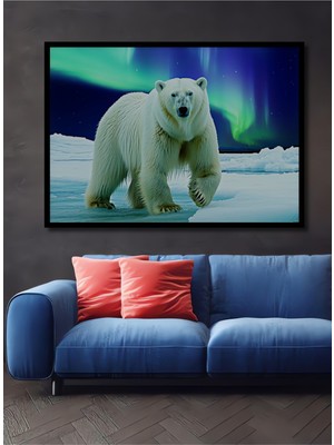 Çerçeve Görünümlü Kutup Ayısı ve Kuzey Işıkları Yağlı Boya Görünümlü Ofis Ahşap Kare Tablo