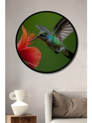 Çerçeve Görünümlü Sulu Boya Görünümlü Kolibri Kuşu ve Çiçek Aşkı Ahşap Ofis Yuvarlak Tablo