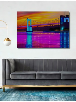 Neon Işıklar Altında Köprü Manzarası Yağlı Boya Görünümlü Dekoratif Ahşap Ev/işyeri/ofis Kare Tablo