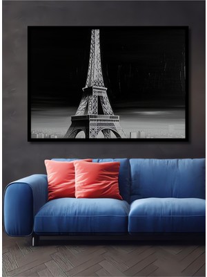Çerçeve Görünümlü Siyah Beyaz Yağlı Boya Görünümlü Eyfel Kulesi Sanat Ofis Ahşap Kare Tablosu