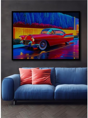 Çerçeve Görünümlü Neon Işıkları Altında Klasik Araba Yağlı Boya Görünümlü Ahşap Ofis Kare Tablo