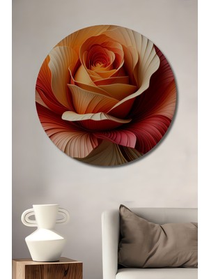 Krem ve Kırmızı Tonlarda Yağlı Boya Görünümlü Gül Dekoratif Ahşap Ev/işyeri/ofis Yuvarlak Tablo