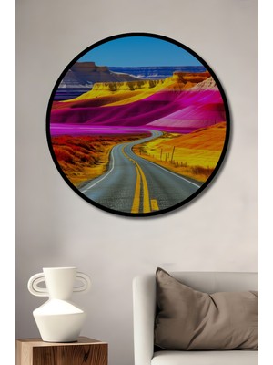 Çerçeve Görünümlü Rüya Gibi Pastel Renkli Yol Manzarası Dekoratif Ahşap Işyeri/ofis Yuvarlak Tablo