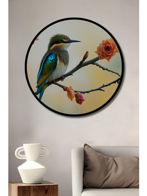 Çerçeve Görünümlü Gökkuşağı Renkli Arı Kuşu ve Çiçekler Yağlı Boya Görünümlü Ahşap Ofis Tablo