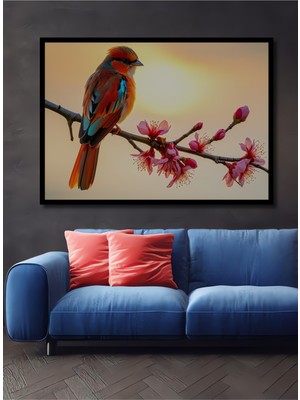 Çerçeve Görünümlü Sakura Dalında Renkli Kuş Yağlı Boya Görünümlü Dekoratif Ahşap Ofis Kare Tablo