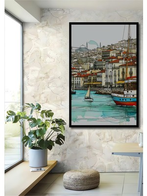 Çerçeve Görünümlü Istanbul Boğazı Sulu Boya Görünümlü Dekoratif Ahşap Ev/işyeri/ofis Kare Tablo