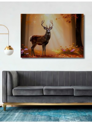 Geyik ve Sonbahar Rüyası Yağlı Boya Görünümlü Dekoratif Ahşap Ev/işyeri/ofis Kare Tablo