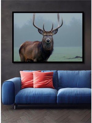 Çerçeve Görünümlü Heybetli Geyik Yağlı Boya Görünümlü Dekoratif Ahşap Ev/işyeri/ofis Kare Tablo