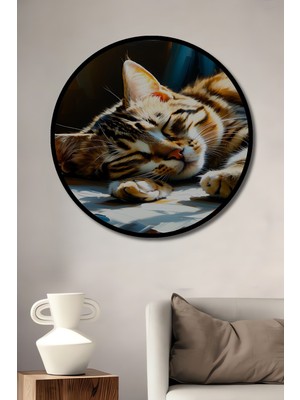 Çerçeve Görünümlü Uykucu Bengal Kedisi Yağlı Boya Görünümlü Dekoratif Ahşap Ofis Yuvarlak Tablo
