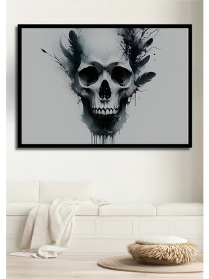 Çerçeve Görünümlü Tüy Ahenkli Kafatası Sulu Boya Görünümlü Işyeri/ofis Dekoratif Ahşap Kare Tablo