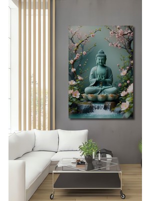 Sakura Çiçekleri Arasında Buda Huzuru Yağlı Boya Görünümlü Dekoratif Ahşap Ev/işyeri/ofis Tablo