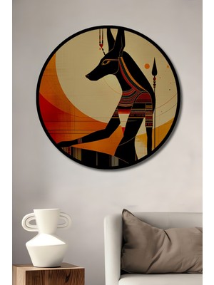 Çerçeve Görünümlü Mısır Tanrısı Anubis Yağlı Boya Görünümlü Ahşap Ofis Yuvarlak Tablo