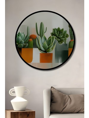 Çerçeve Görünümlü Modern Sanat Kaktüs Sukulent Yağlı Boya Görünümlü Ahşap Ofis Yuvarlak Tablo