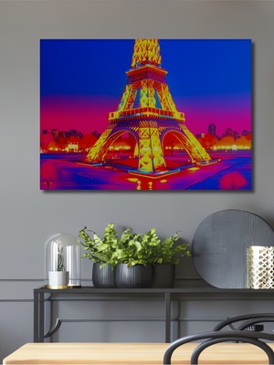 Neon Işıklar Altında Eyfel Kulesi Yağlı Boya Görünümlü Dekoratif Ahşap Ev/işyeri/ofis Kare Tablo