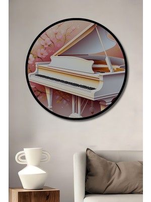 Çerçeve Görünümlü Romantik Piyano Sakura Çiçekleri Yağlı Boya Görünümlü Ahşap Ofis Yuvarlak Tablo