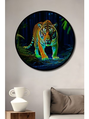 Çerçeve Görünümlü Neon Kaplan Orman Yağlı Boya Görünümlü Dekoratif Ahşap Işyeri/ofis Yuvarlak Tablo