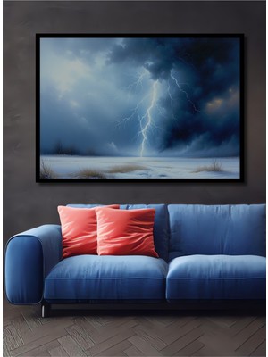 Çerçeve Görünümlü Fırtına Esintili Kış Manzarası Yağlı Boya Görünümlü Ahşap Ofis Kare Tablo