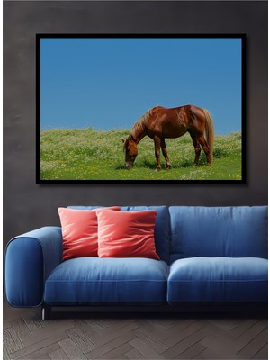 Çerçeve Görünümlü Çiçek Bahçesinde Otlayan At Yağlı Boya Görünümlü Dekoratif Ahşap Ofis Kare Tablo