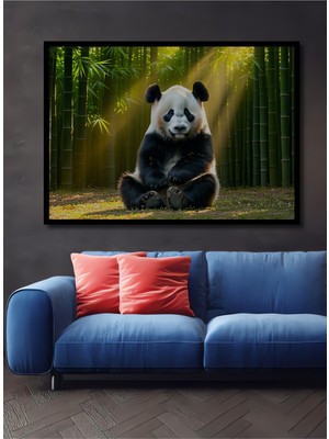 Çerçeve Görünümlü Bambu Ormanında Sevimli Panda Yağlı Boya Görünümlü Ahşap Ofis Kare Tablo