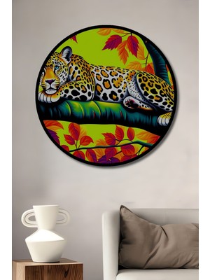 Çerçeve Görünümlü Tropikal Leopar Rüyası Yağlı Boya Görünümlü Dekoratif Ahşap Ofis Yuvarlak Tablo