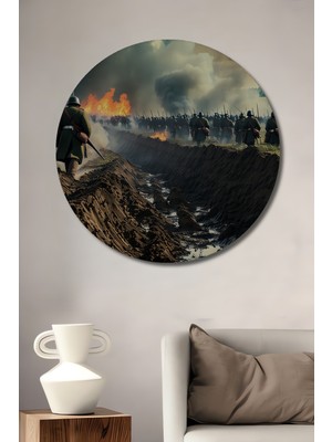 Siperde Yürüyen Askerler Yağlı Boya Görünümlü Dekoratif Ahşap Ev/işyeri/ofis Yuvarlak Tablo