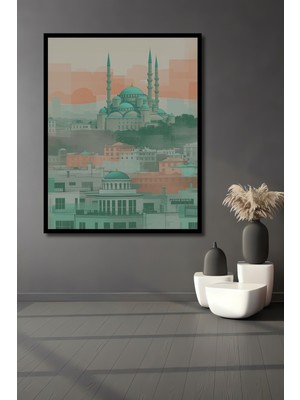 Çerçeve Görünümlü Sultanahmet Camii Retro Yağlı Boya Görünümlü Dekoratif Ahşap Ofis Kare Tablo