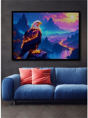 Çerçeve Görünümlü Neon Işıltılı Kartal Manzarası Yağlı Boya Görünümlü Ahşap Ofis Kare Tablo