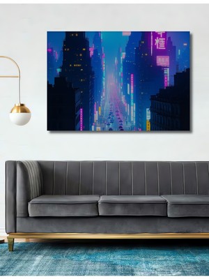 Neon Işıklar Şehri Yağlı Boya Görünümlü Modern Sanat Dekoratif Ahşap Ev/işyeri/ofis Kare Tablo