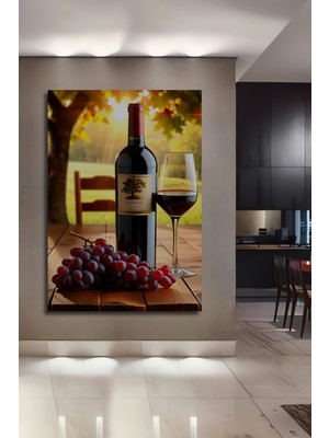Şarap ve Üzüm Keyfi Yağlı Boya Görünümlü Dekoratif Ahşap Ev/işyeri/ofis Kare Tablo