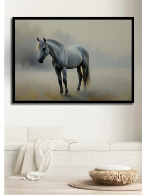 Çerçeve Görünümlü Beyaz At Yağlı Boya Görünümlü Dekoratif Ahşap Ev/işyeri/ofis Kare Tablo