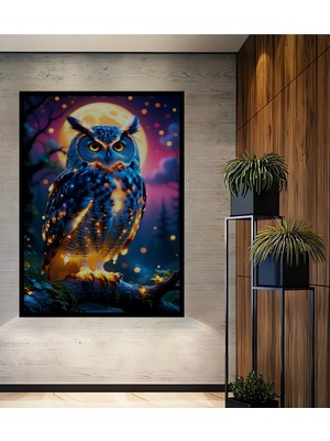 Çerçeve Görünümlü Ay Işığı Altında Parlayan Baykuş Yağlı Boya Görünümlü Ahşap Ofis Kare Tablo