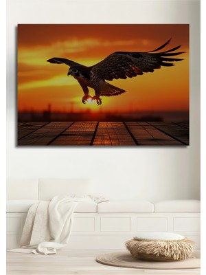 Güneş Batarken Hünerli Şahin Yağlı Boya Görünümlü Dekoratif Ahşap Ev/işyeri/ofis Kare Tablo