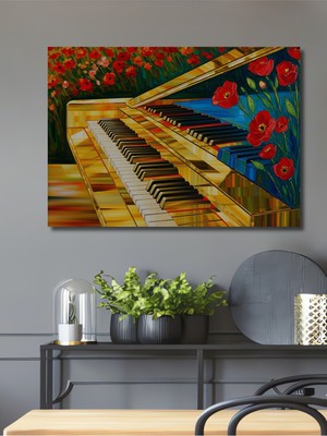 Altın Sarısı Piyano ve Gelincik Yağlı Boya Görünümlü Dekoratif Ahşap Ev/işyeri/ofis Kare Tablo