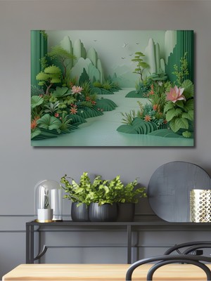 Yeşil Cennet Bahçesi Yağlı Boya Görünümlü Dekoratif Ahşap Ev/işyeri/ofis Kare Tablo