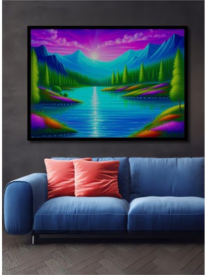Çerçeve Görünümlü Neon Renkli Dağlar ve Göl Yağlı Boya Görünümlü Dekoratif Ahşap Ofis Kare Tablo