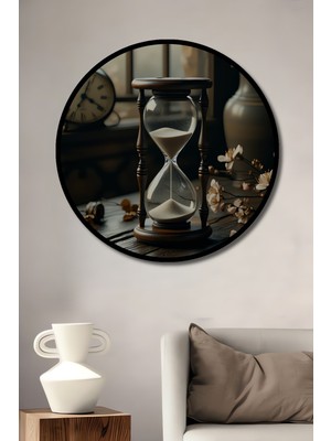 Çerçeve Görünümlü Eski Zaman Kum Saati Çiçekler Yağlı Boya Görünümlü Ahşap Ofis Yuvarlak Tablo