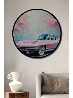 Çerçeve Görünümlü Pembe Corvette Çiçek Bahçesi Yağlı Boya Görünümlü Ahşap Ofis Yuvarlak Tablo