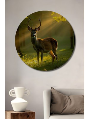 Ormanda Parıldayan Geyik Yağlı Boya Görünümlü Dekoratif Ahşap Ev/işyeri/ofis Yuvarlak Tablo